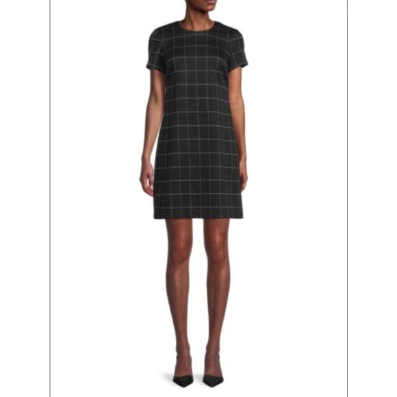Calvin Klein Women's 6 Checked Sheath Dress Black Mini Short Sleeves Zip Back - Picture 1 of 12